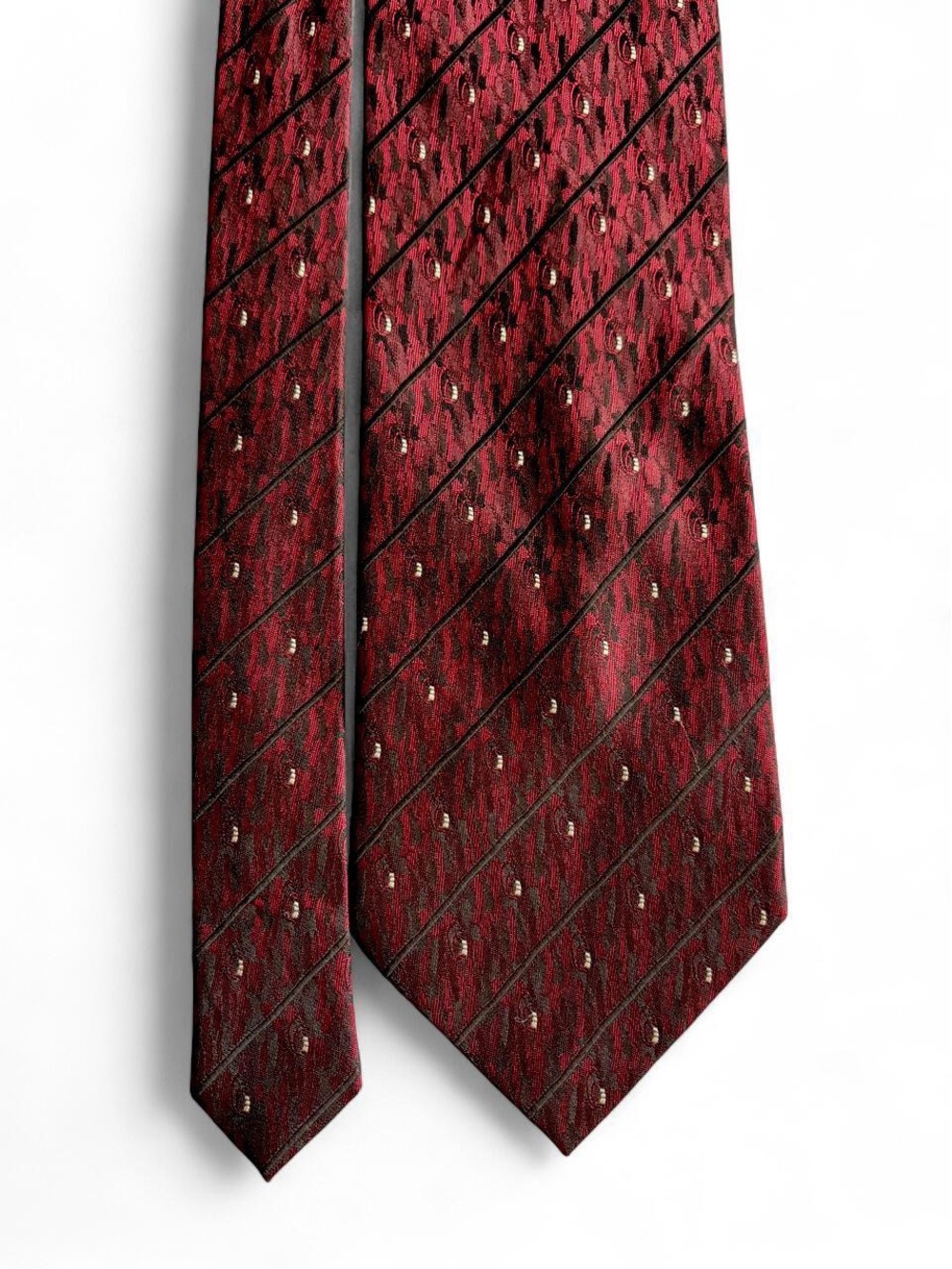 Vintage Louis Vuitton burgundy tie with diagonal stripes and small white dots